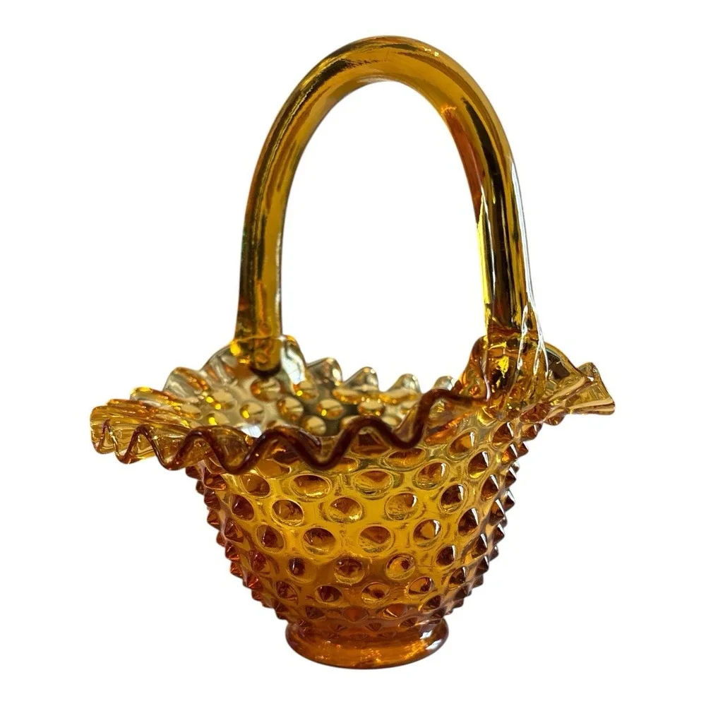 Vintage Fenton Amber Glass Colonial Hobnail Ruffled Edges Art Glass Basket 7.5